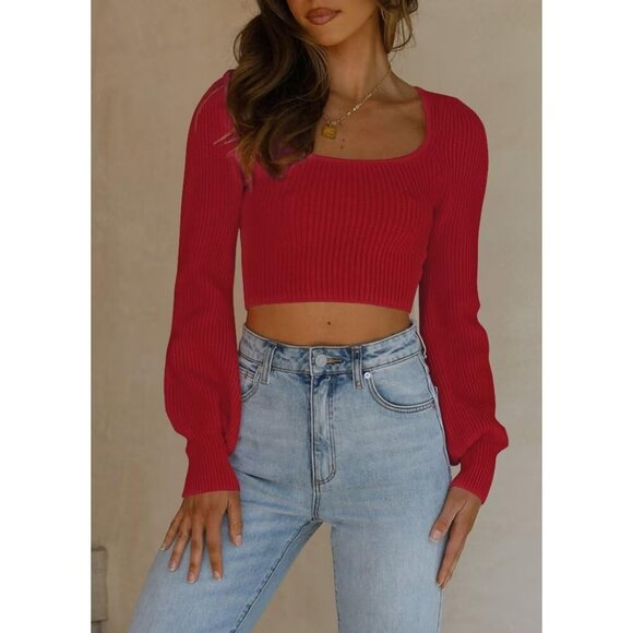 Lacozy Women's Red Greenr Trendy Long Sleeve Cropped Square Neck Knit Shirts - Picture 2 of 5